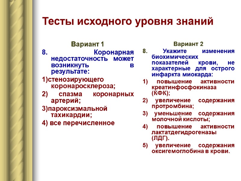 Тесты исходного уровня знаний Вариант 1 8. Коронарная недостаточность может возникнуть в результате: 1)стенозирующего